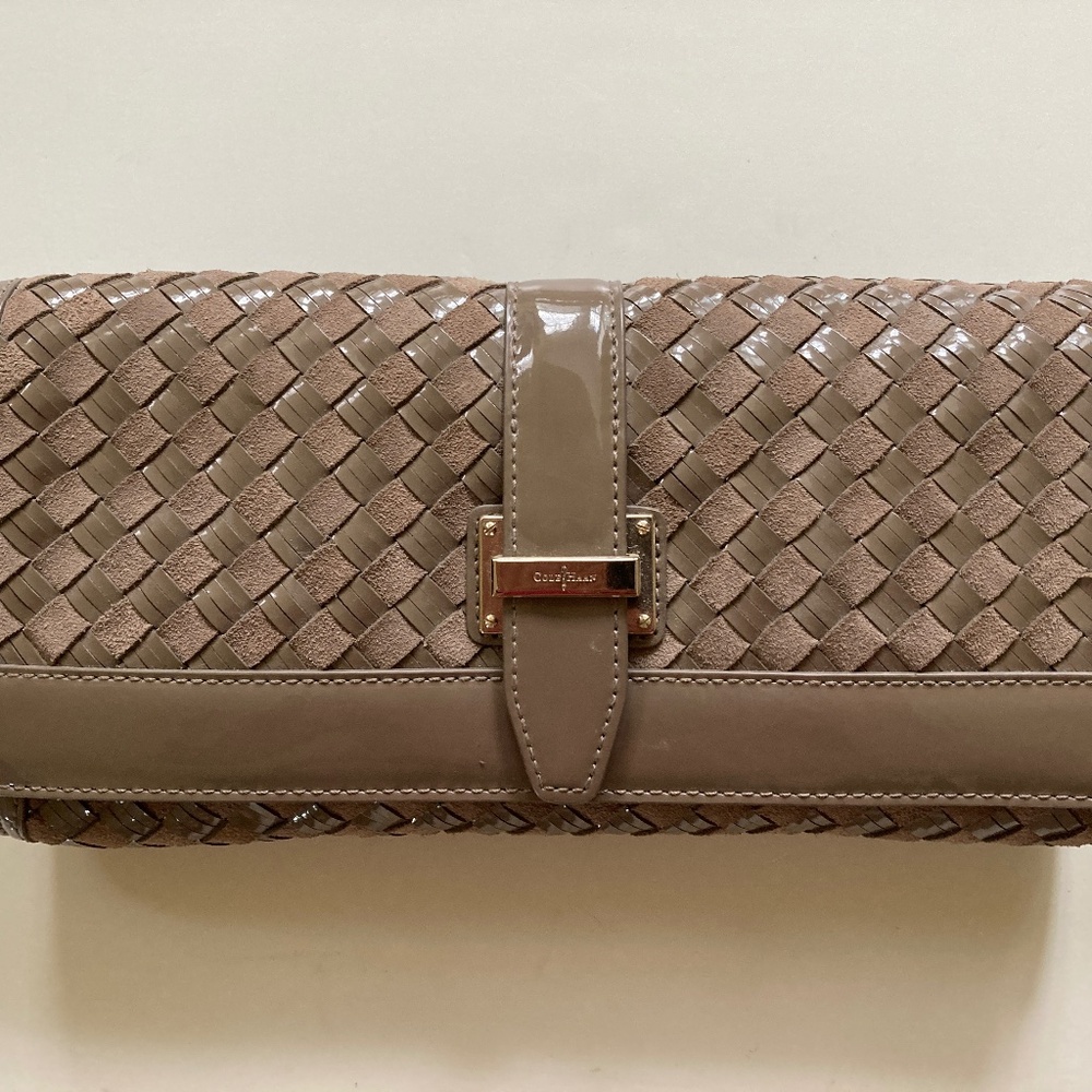 Cole Haan Izzie Clutch/Greige Suede/Heritage Weave/NEW/$228 RETAIL/NEVER USED!